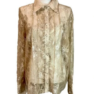 Mauve Women’s Dressy Formal Lace Long Sleeve Button Down Sheer Collar Blouse NEW